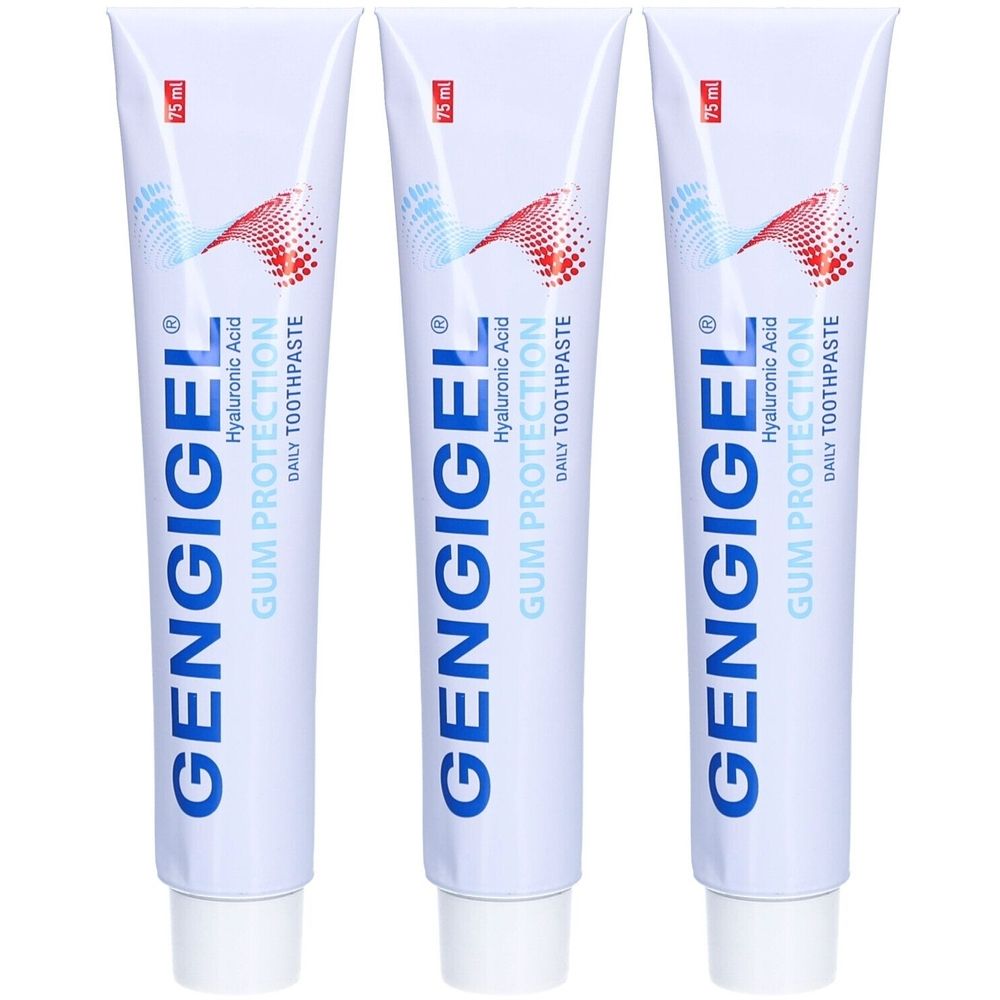 Drei Tuben Zahnpasta. Auf jeder Tube steht GENGIGEL, GUM PROTECTION, DAILY TOOTHPASTE. Oben links steht 75 ml.