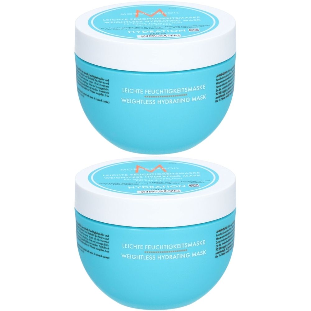 Zwei türkisfarbene Tiegel mit weißem Deckel. Aufschrift: Leichte Feuchtigkeitsmaske, Weightless Hydrating Mask.