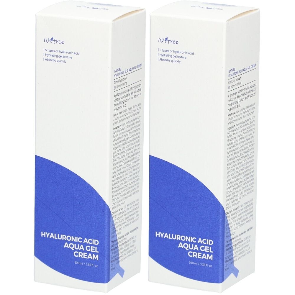 Zwei weiße Kartons mit blauer Grafik. Aufschrift: Hyaluronsäure Aqua Gel Crème. Marke: ISNTREE.
