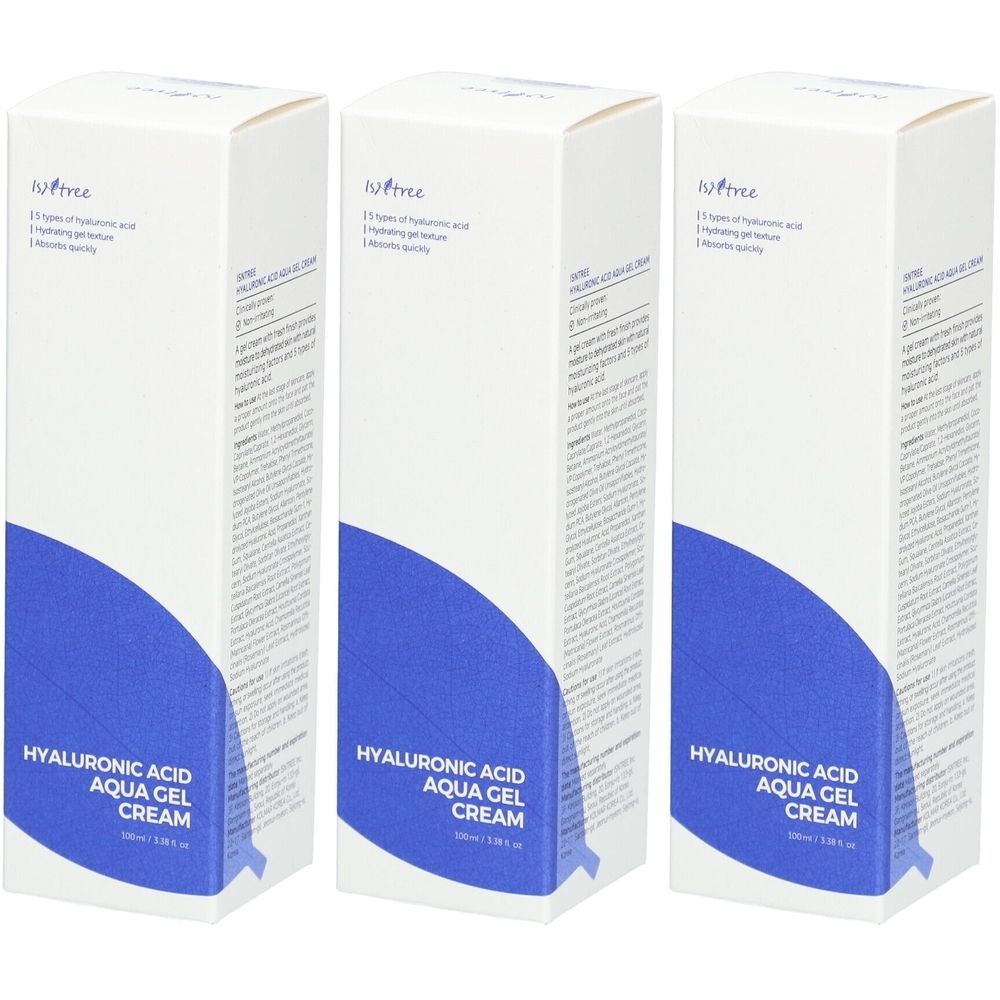 Drei weiße Produktverpackungen mit blauer Grafik und Text. Aufschrift: Hyaluronsäure Aqua Gel Crème.