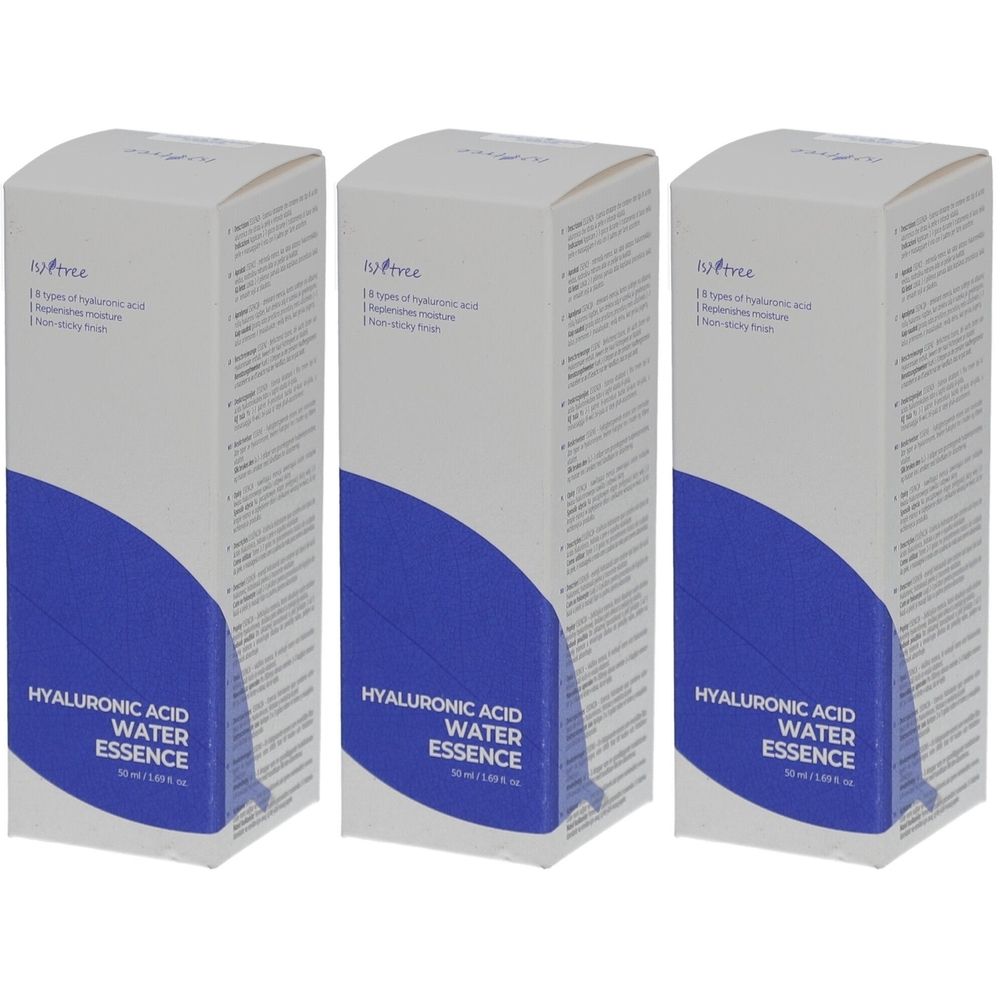 Drei rechteckige Kartons mit blauem Akzent. Aufschrift: HYALURONIC ACID WATER ESSENCE. Marke: Isntree.