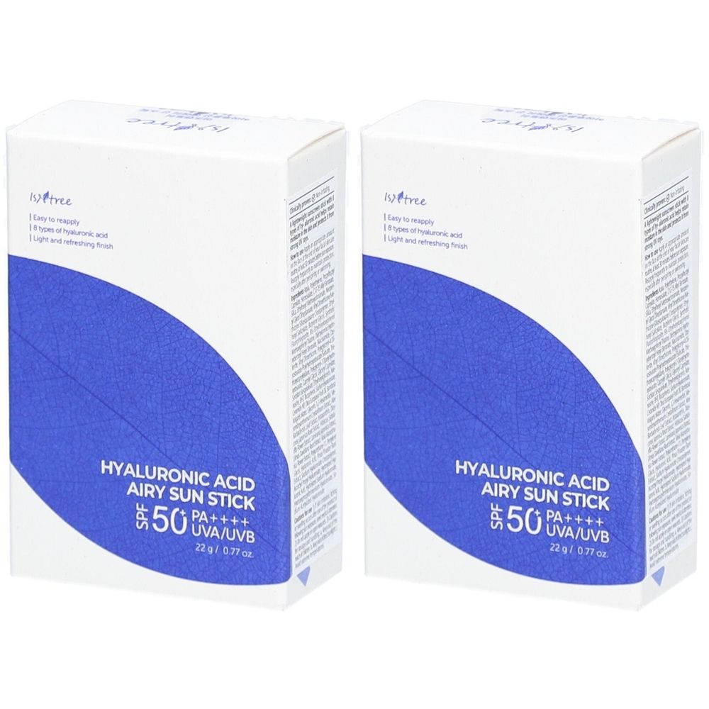 Zwei weiße Kartons mit blauem Design. Aufschrift: Hyaluronsäure Airy Sun Stick, SPF 50, PA++++.