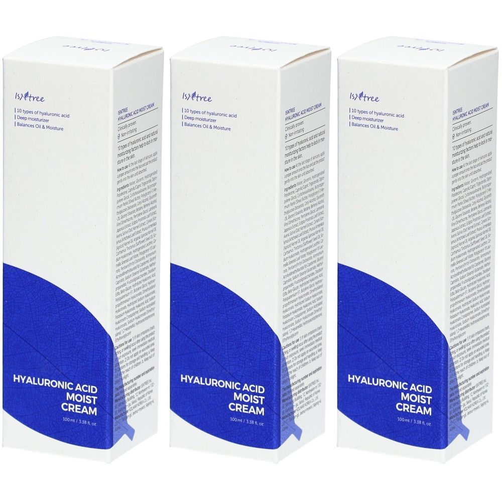 Trois boîtes blanches avec un accent bleu. Inscription: HYALURONIC ACID MOIST CREAM. Marque: ISNTREE.
