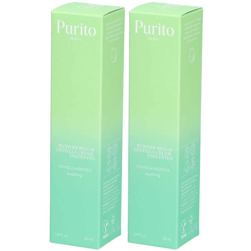 Zwei grüne Schachteln mit Produktinformationen. Aufschrift: Purito, Wonder Releaf Centella Cream Unscented.