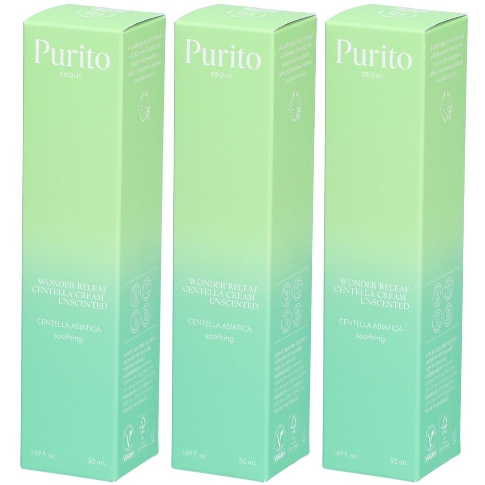 Drei grüne Schachteln mit Produktinformationen. Aufschrift: Purito, Wonder Releaf Centella Cream Unscented, Centella Asiatica.