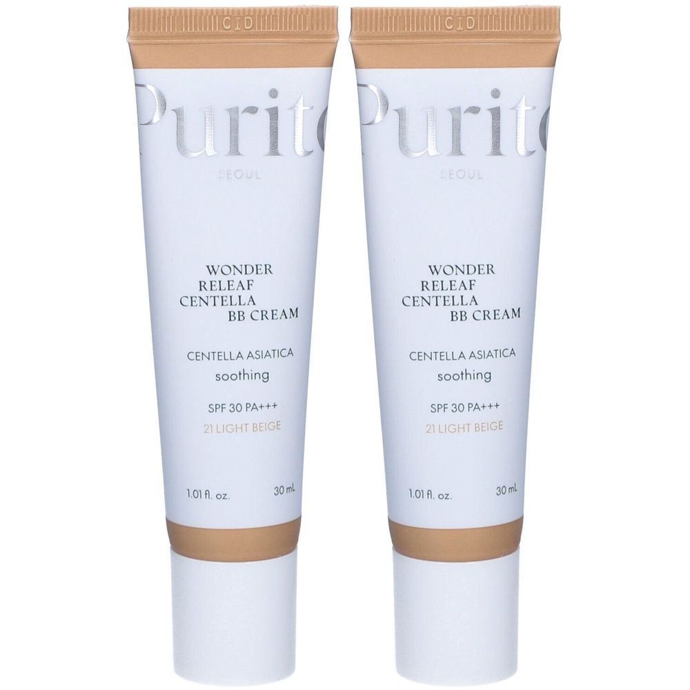 Zwei Tuben BB-Creme. Weiße Tuben mit hellbraunem Inhalt. Aufschrift: Purito, Wonder Releaf Centella BB Cream, SPF 30 PA+++, 21 Light Beige.