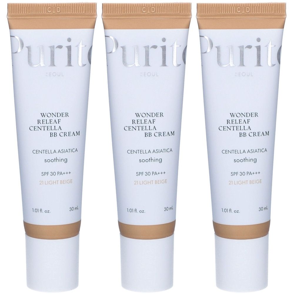 Drei Tuben PURITO Cica Clearing BB Crème. Weiße Tuben mit hellbraunem Inhalt. Aufschrift: Wonder Releaf Centella BB Cream, SPF 30 PA+++, 21 Light Beige.