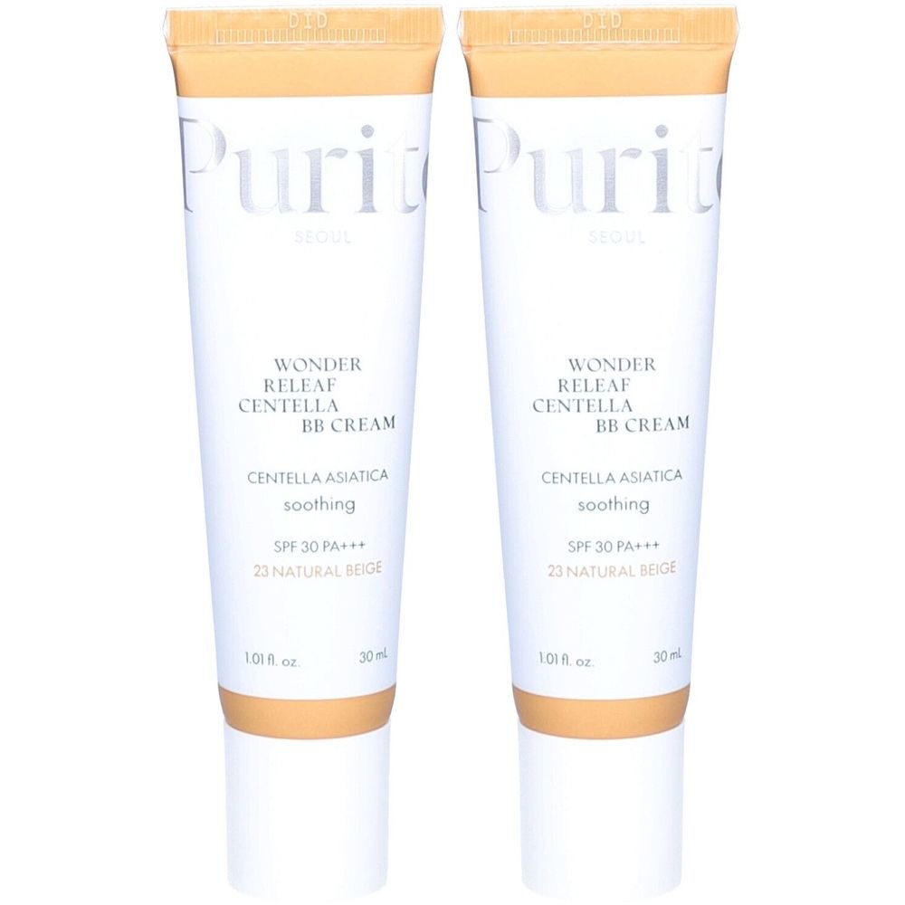 Zwei Tuben PURITO Cica Clearing BB Crème. Weiße Tuben mit hellbraunem Inhalt. Aufschrift: Wonder Releaf Centella BB Cream, SPF 30 PA+++.