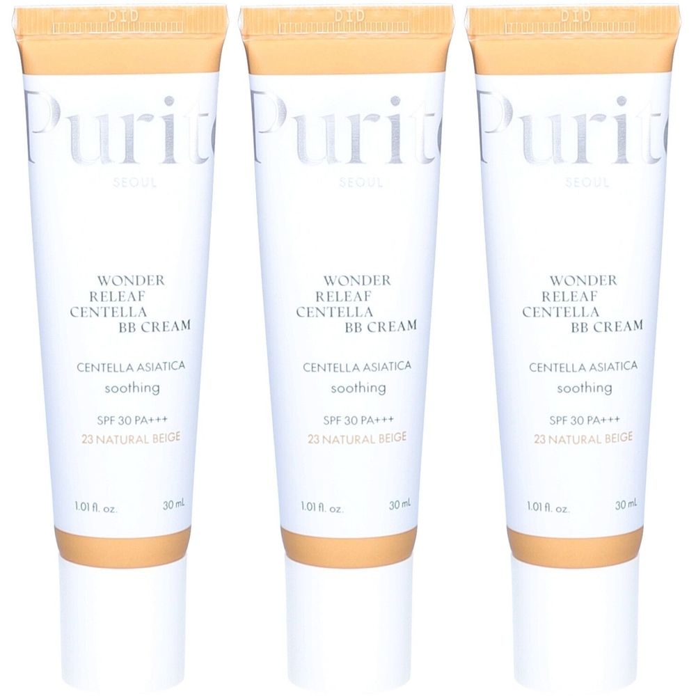 Drei Tuben BB-Creme. Aufschrift: Purito, Wonder Releaf Centella BB Cream, Centella Asiatica, SPF 30 PA+++, 23 Natural Beige.