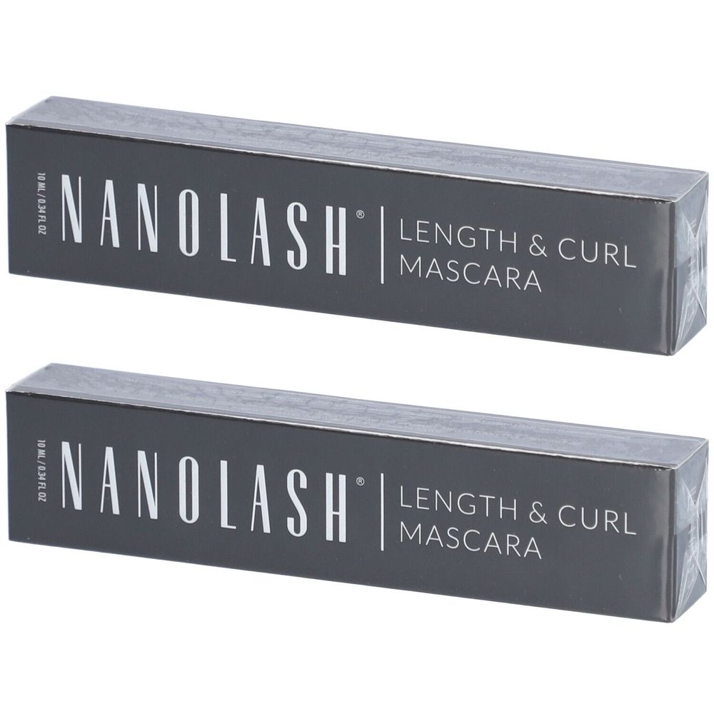 Deux boîtes de mascara grises. Inscription : NANOLASH, Length & Curl Mascara.