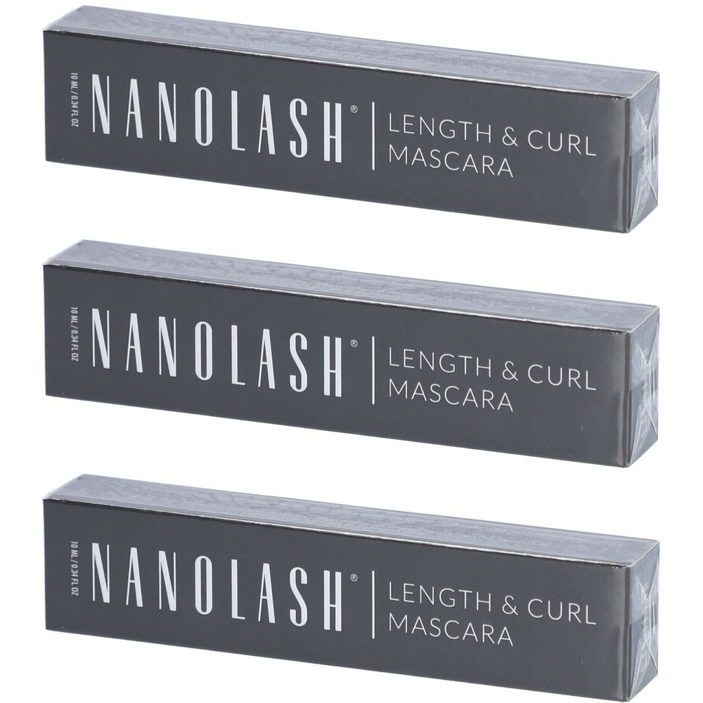Trois boîtes de mascara grises. Chaque boîte porte l'inscription "NANOLASH Length & Curl Mascara".