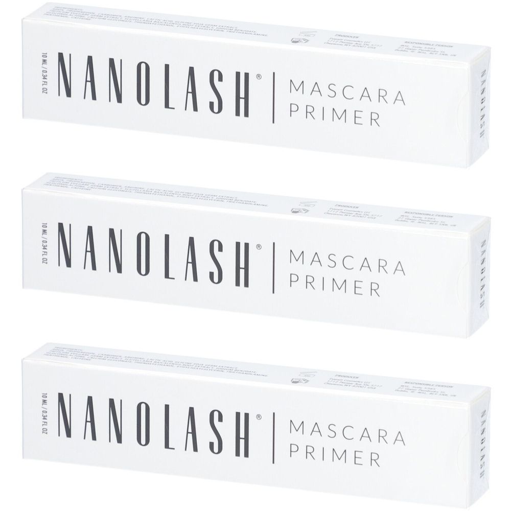 Drei weiße Schachteln mit dem Aufdruck "NANOLASH | MASCARA PRIMER".