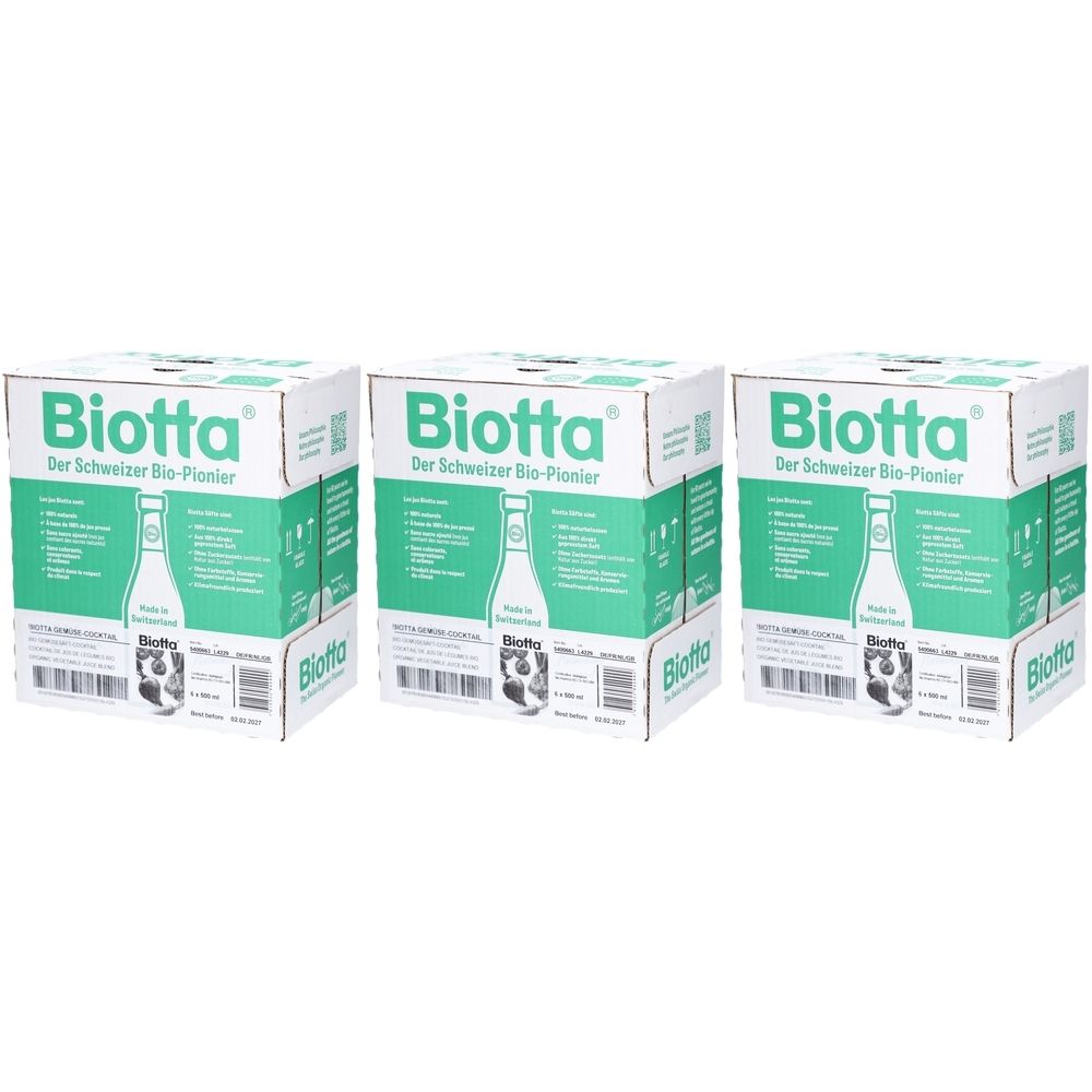 Drei Kartons mit dem Logo von Biotta. Aufschrift: Der Schweizer Bio-Pionier. Abbildung einer Flasche und Gemüse.