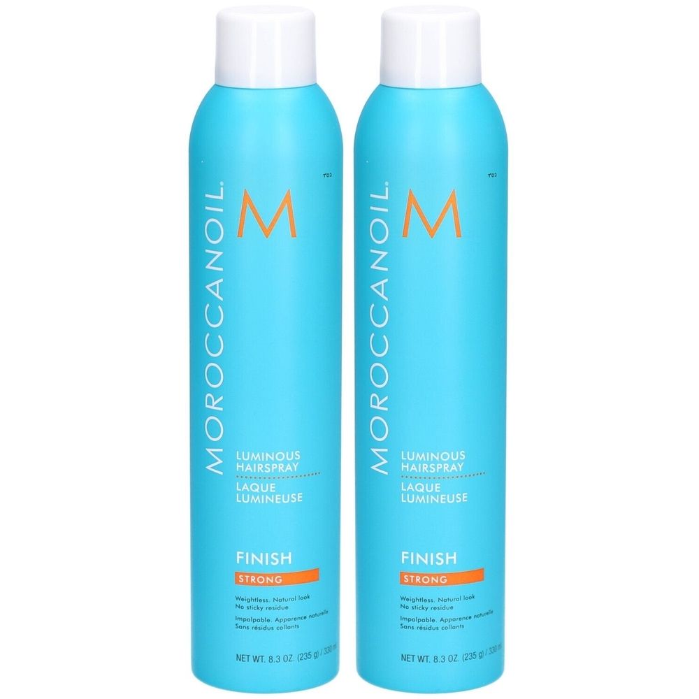 Zwei blaue Sprühflaschen mit weißem Deckel. Aufschrift: MOROCCANOIL, Luminous Hairspray, Finish Strong. Orangefarbene Akzente.