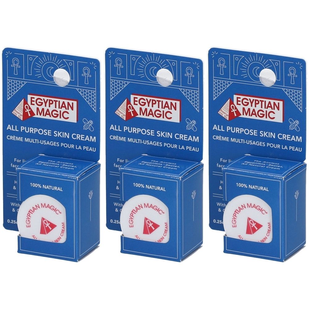 Trois boîtes bleues de crème pour la peau "Egyptian Magic". Inscription : "All Purpose Skin Cream". Autocollants ronds avec logo.