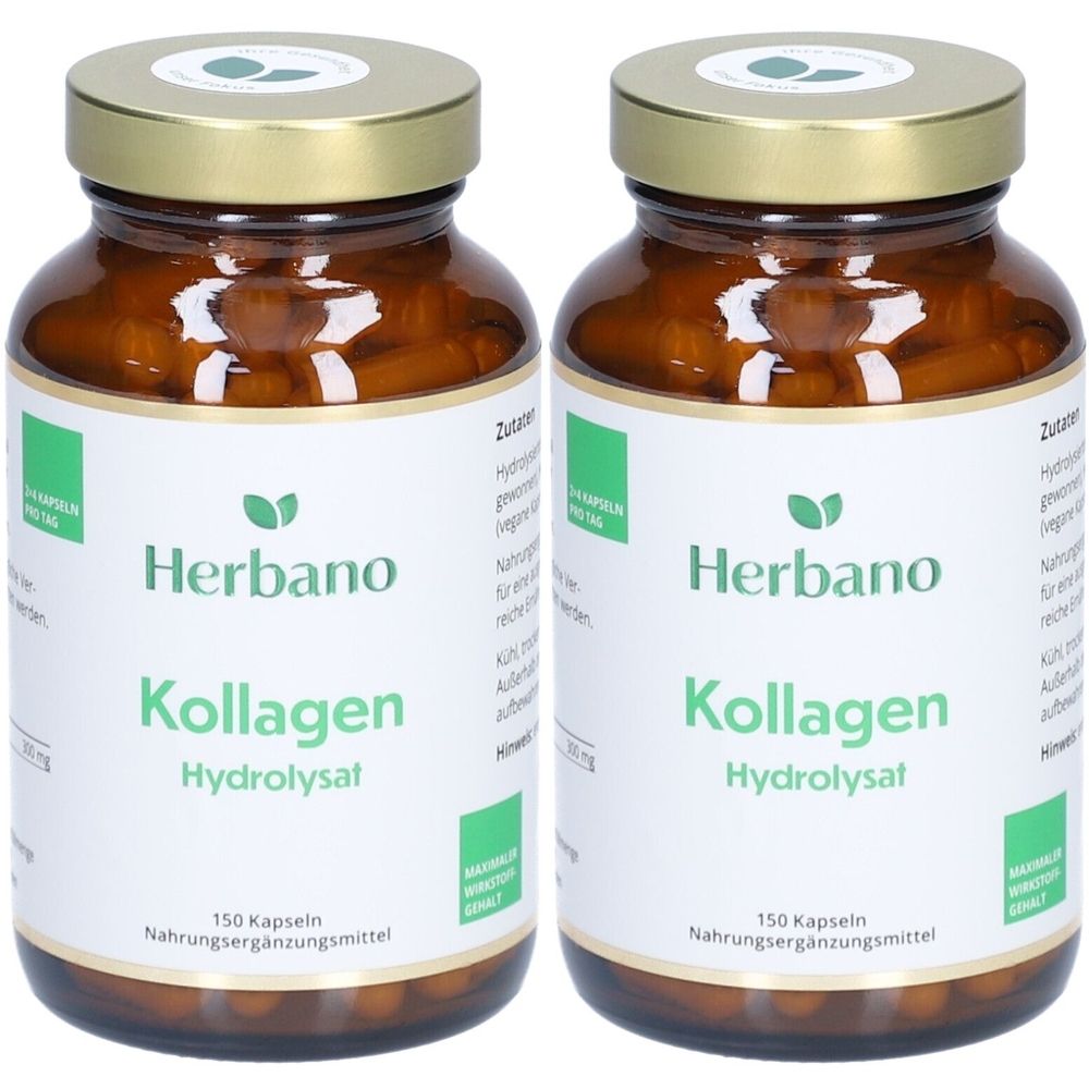Zwei braune Glasflaschen mit goldfarbenen Deckeln. Auf den Etiketten steht "Herbano Kollagen Hydrolysat".