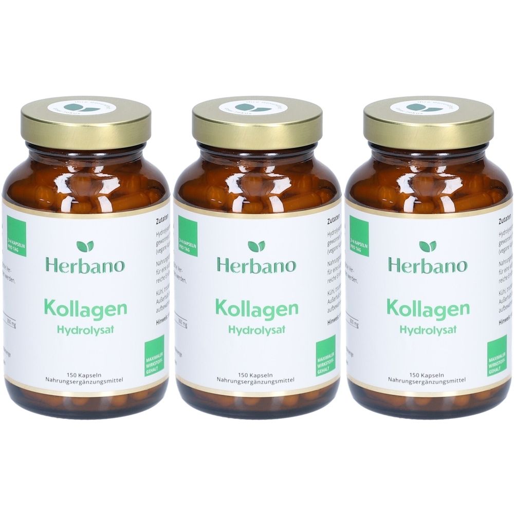 Drei braune Glasflaschen mit goldenen Deckeln. Auf jeder Flasche steht "Herbano Kollagen Hydrolysat".