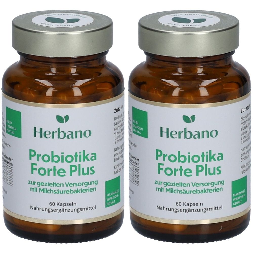 Zwei braune Glasflaschen mit Kapseln. Auf den Etiketten steht "Herbano Probiotika Forte Plus". Jede Flasche enthält 60 Kapseln.
