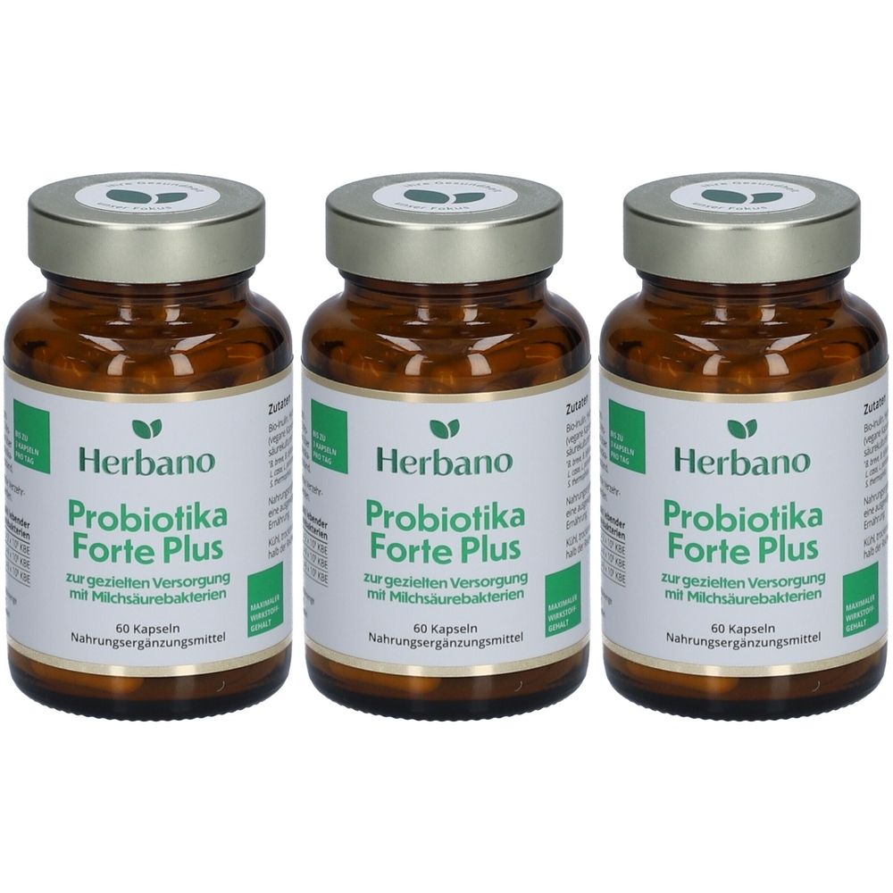 Drei braune Glasflaschen mit silbernen Deckeln. Auf den Etiketten steht "Herbano Probiotika Forte Plus".