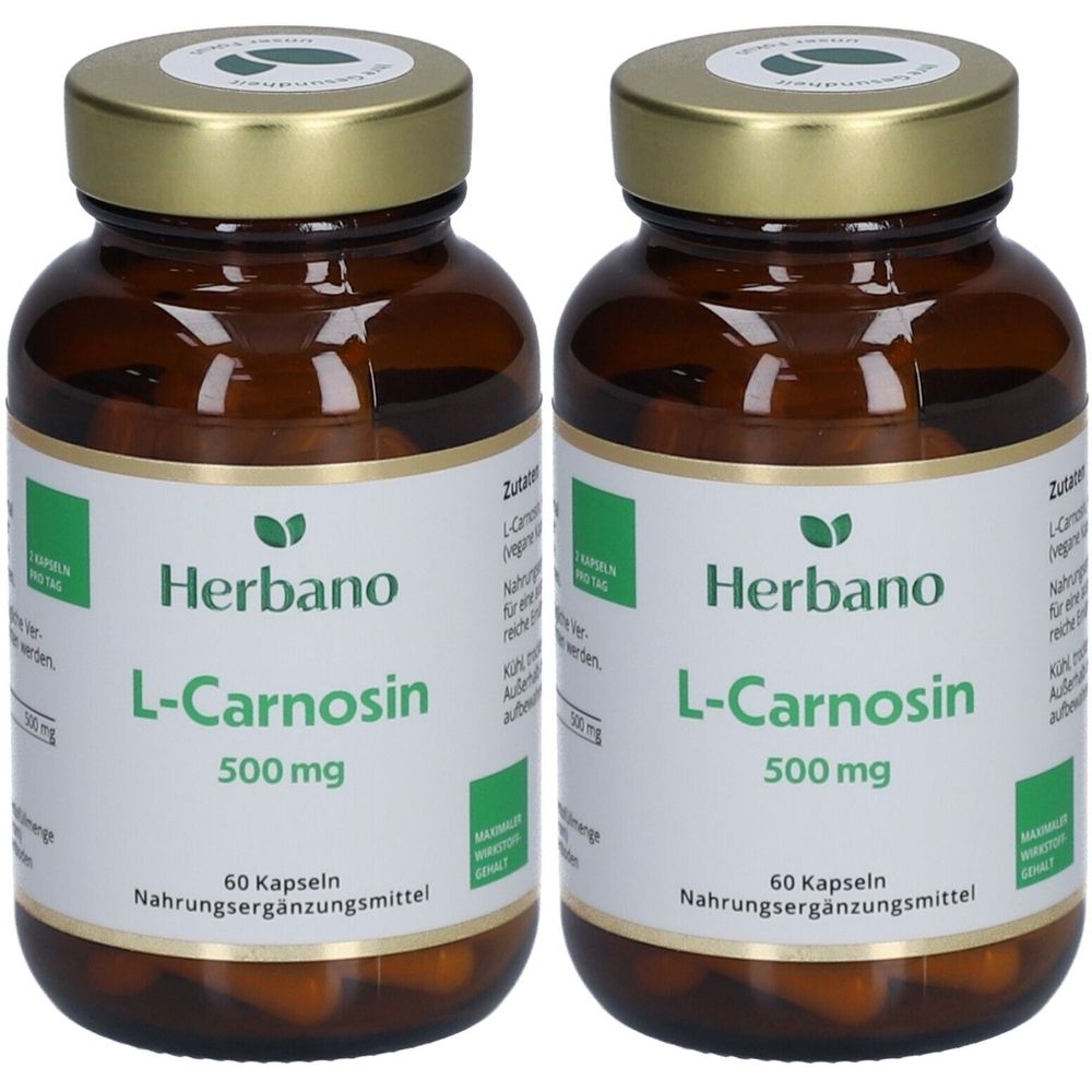 Zwei braune Glasflaschen mit goldfarbenen Deckeln. Auf den Etiketten steht "Herbano L-Carnosin 500 mg" und "60 Kapseln".