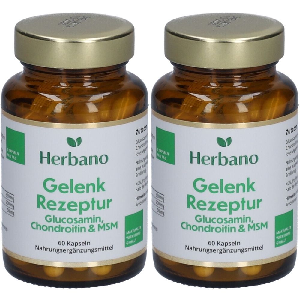 Zwei braune Glasflaschen mit goldenen Deckeln. Auf den Etiketten steht "Herbano Gelenk Rezeptur" mit Inhaltsstoffen und "60 Kapseln".