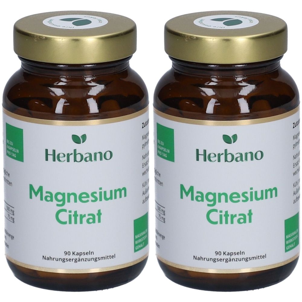 Zwei braune Glasflaschen mit goldenen Deckeln. Auf den Etiketten steht "Herbano Magnesium Citrat" und "90 Kapseln".