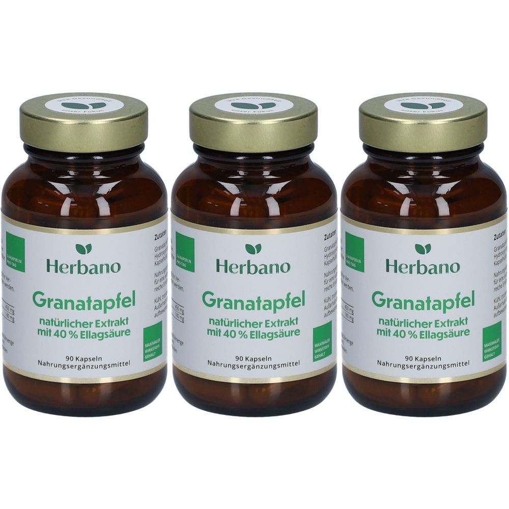 Trois flacons en verre brun avec des couvercles dorés. Les étiquettes indiquent "Herbano Granatapfel" et d'autres informations.