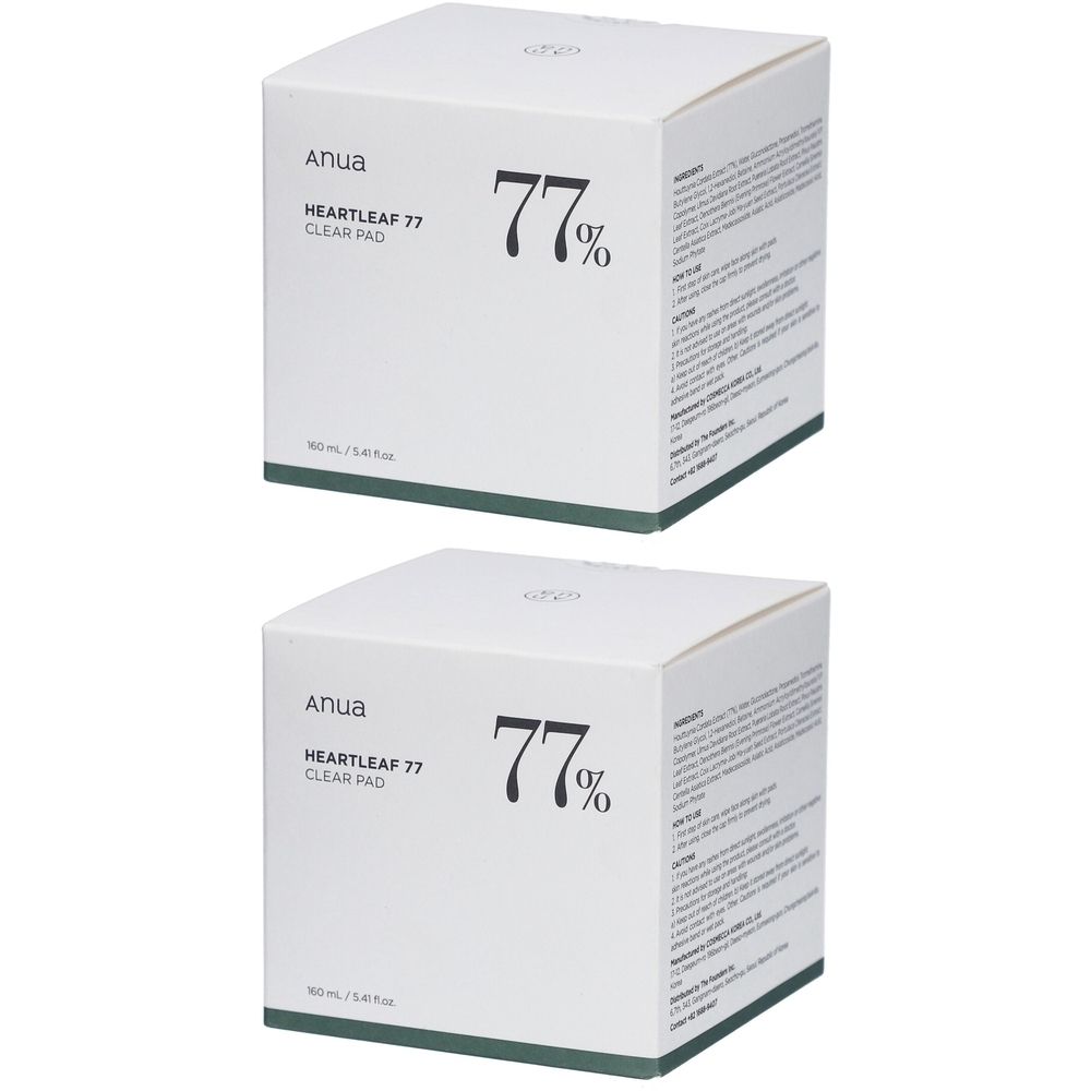 Deux boîtes blanches avec des accents verts. Inscription : Anua, Heartleaf 77 Clear Pad, 77%. Texte sur le côté.