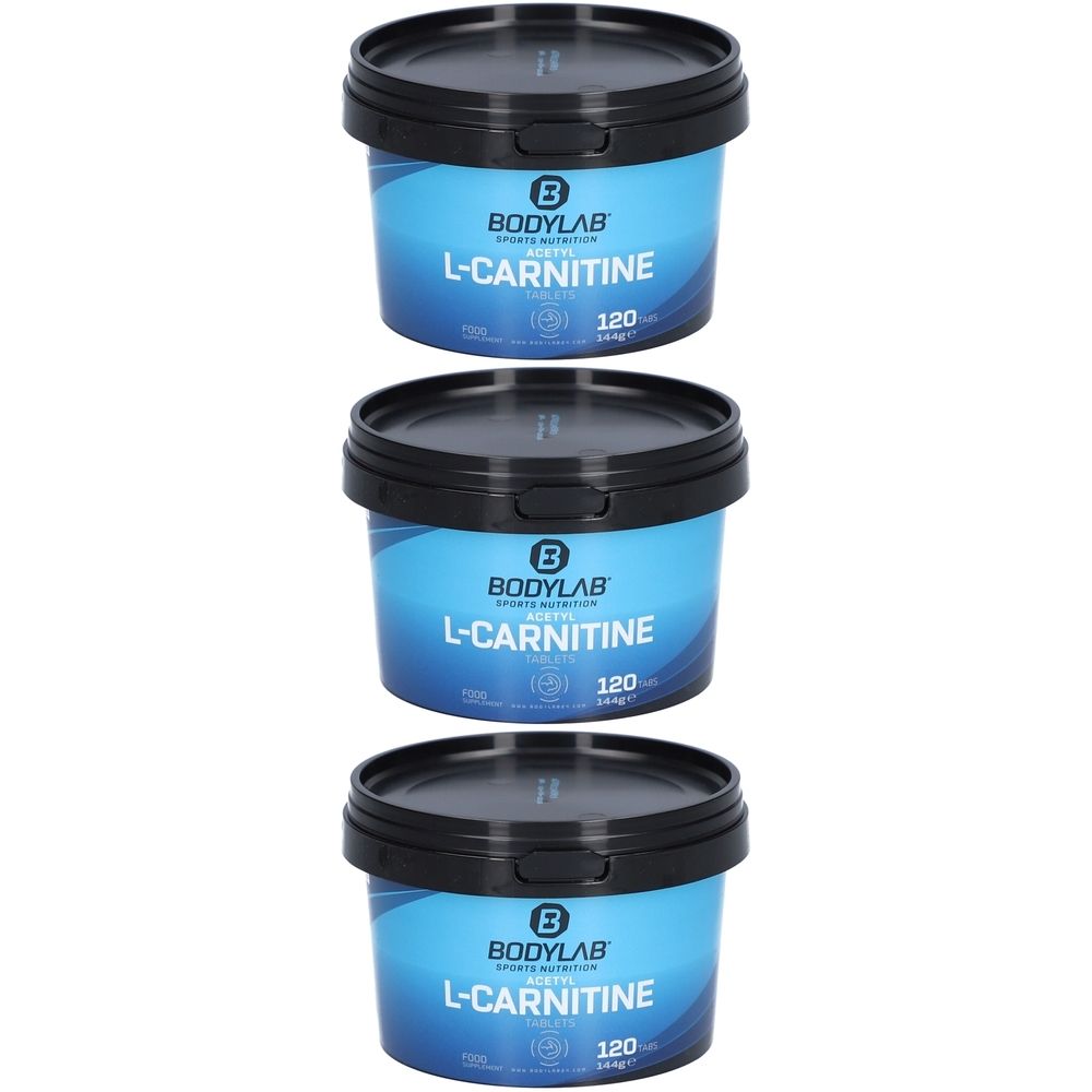 Trois pots bleus avec couvercles noirs. Inscription: BODYLAB L-Carnitine.