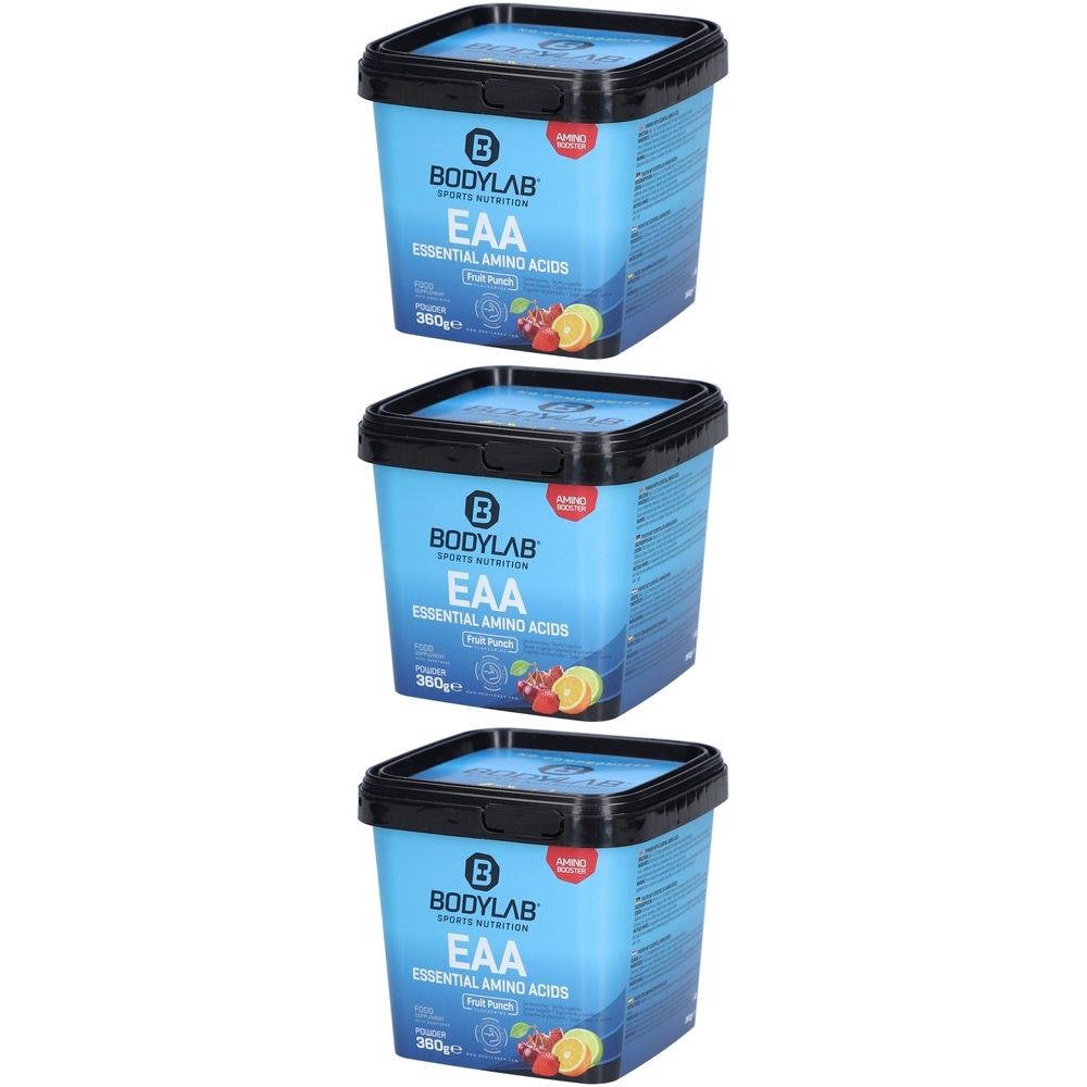 Drei blaue Eimer mit schwarzem Deckel. Aufschrift: BODYLAB EAA Essential Amino Acids. Fruchtmix-Abbildung.
