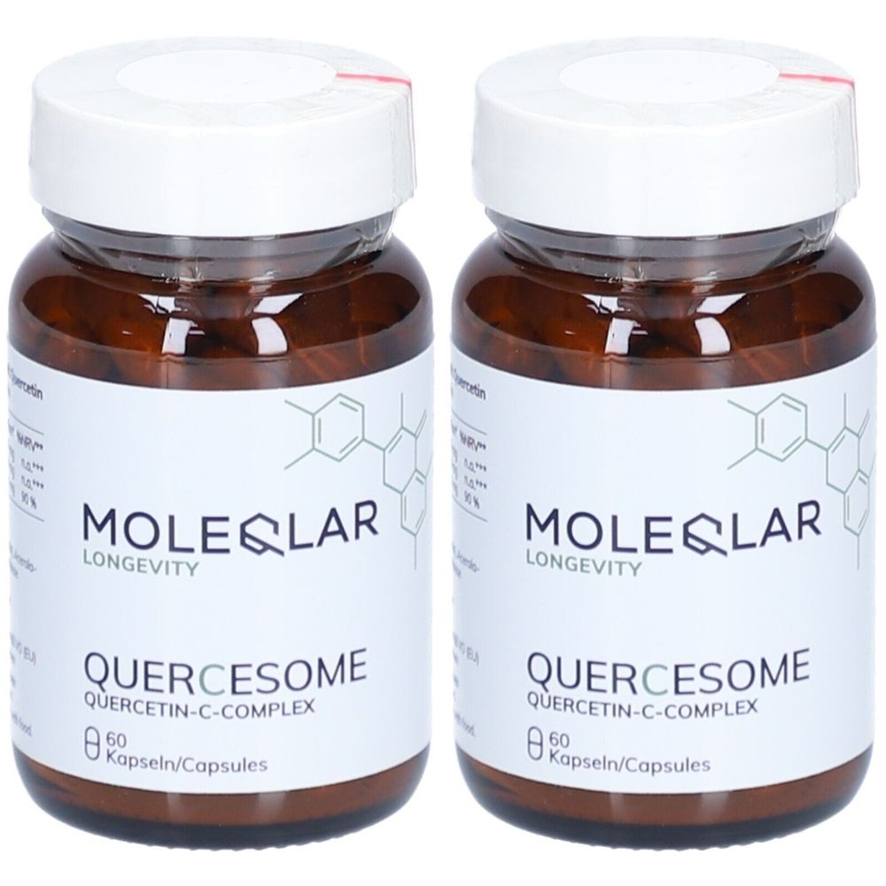 Deux flacons en verre brun avec des couvercles blancs. Les étiquettes indiquent "MOLEQLAR LONGEVITY QUERCESOME QUERCETIN-C-COMPLEX".