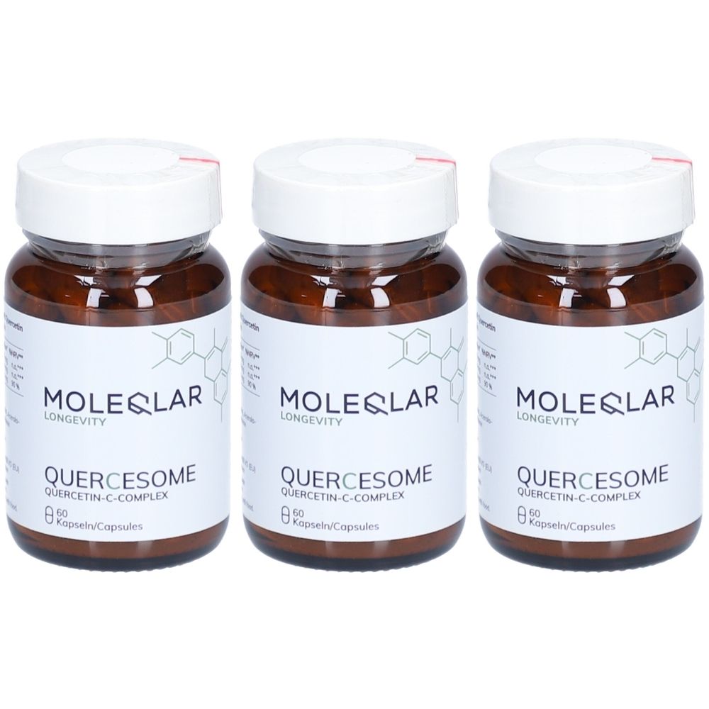 Trois flacons en verre brun avec des couvercles blancs. Les étiquettes indiquent "MOLEQLAR LONGEVITY QUERCESOME".