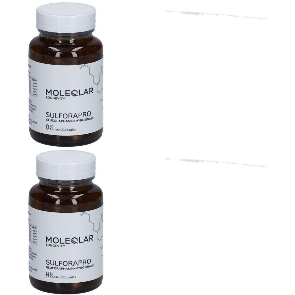 Zwei braune Flaschen mit weißen Deckeln. Auf den Etiketten steht "MOLEQLAR Longevity SULFORAPRO".