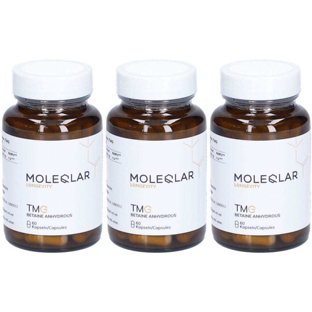 Drei braune Glasflaschen mit weißen Deckeln und Etiketten. Auf den Etiketten steht "MOLEQLAR LONGEVITY TMG Betaine Anhydrous".