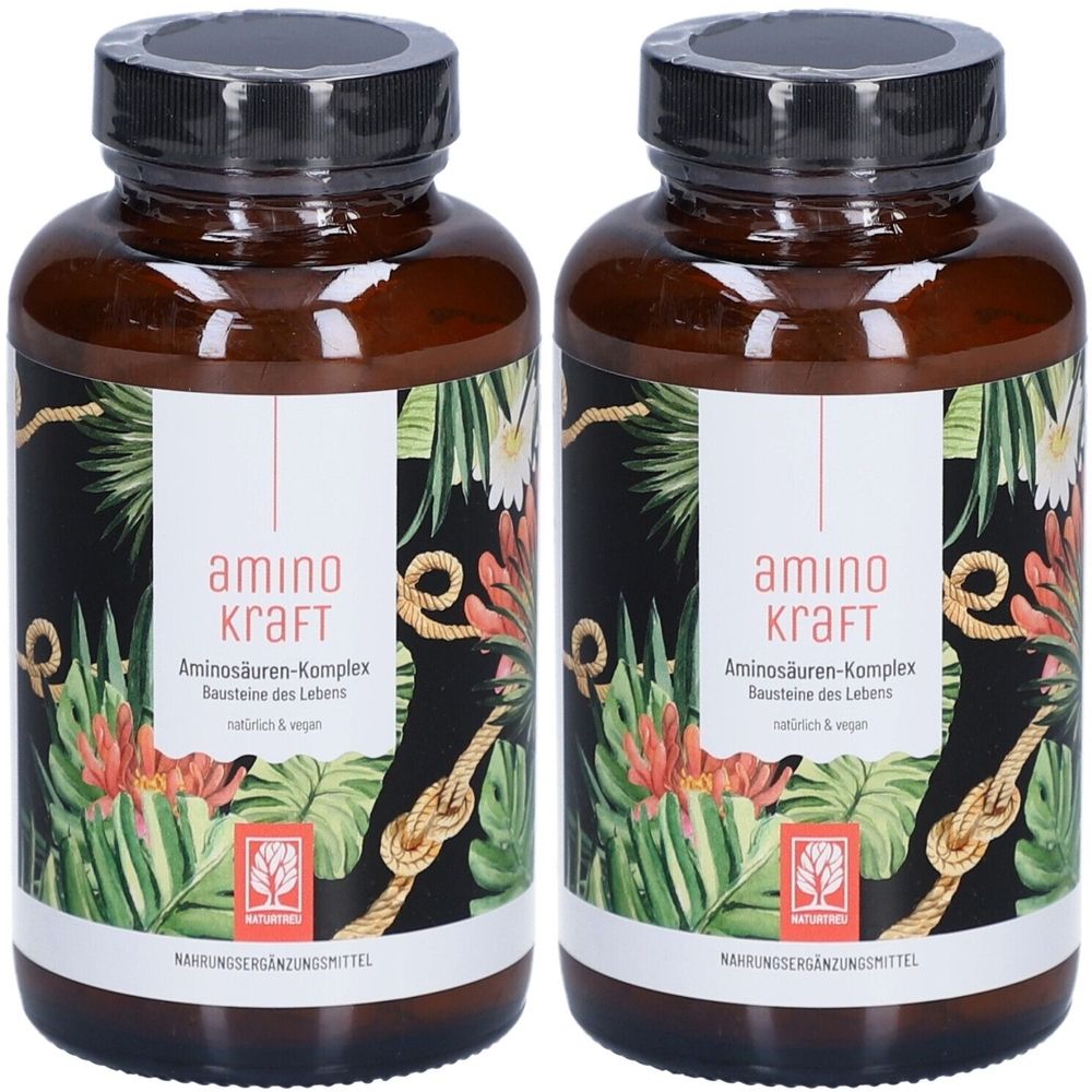 Zwei braune Flaschen mit schwarzem Deckel. Auf dem Etikett steht "amino kraft" und "Aminosäuren-Komplex".