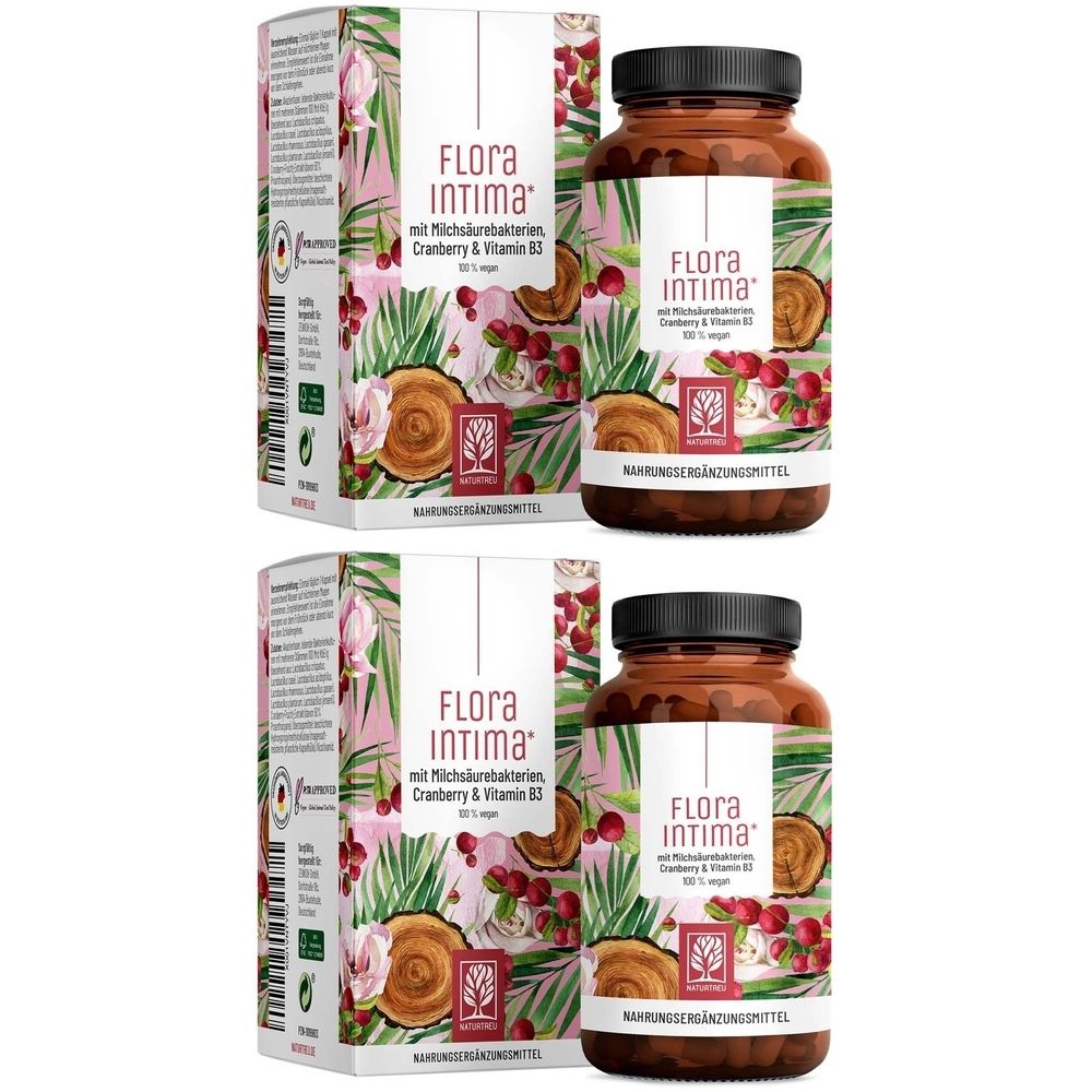 Deux boîtes et flacons de NATURTREU® Floraintima. Inscription : bactéries lactiques, canneberge et vitamine B3. Flacons bruns, emballage blanc.