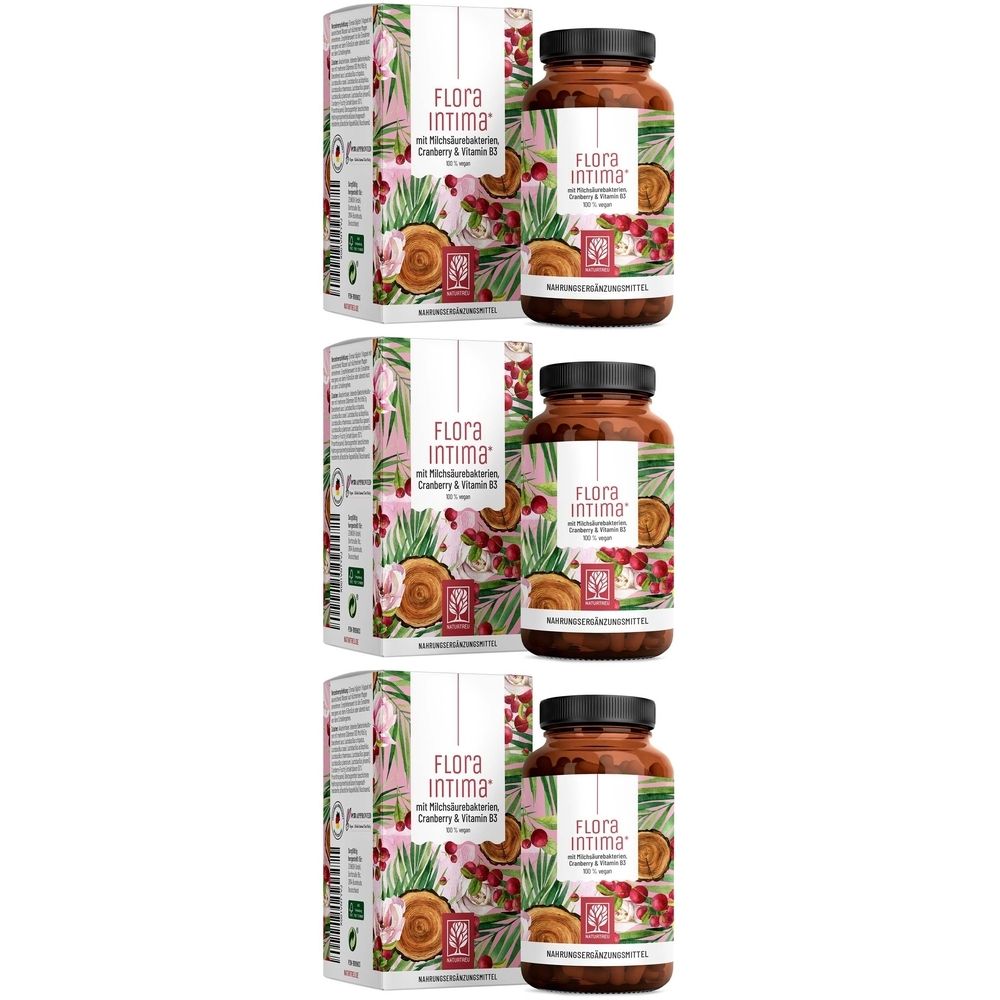 Trois bouteilles et boîtes. Inscription : Flora Intima avec bactéries lactiques, canneberge et vitamine B3. Bouteilles marron, boîtes blanches.