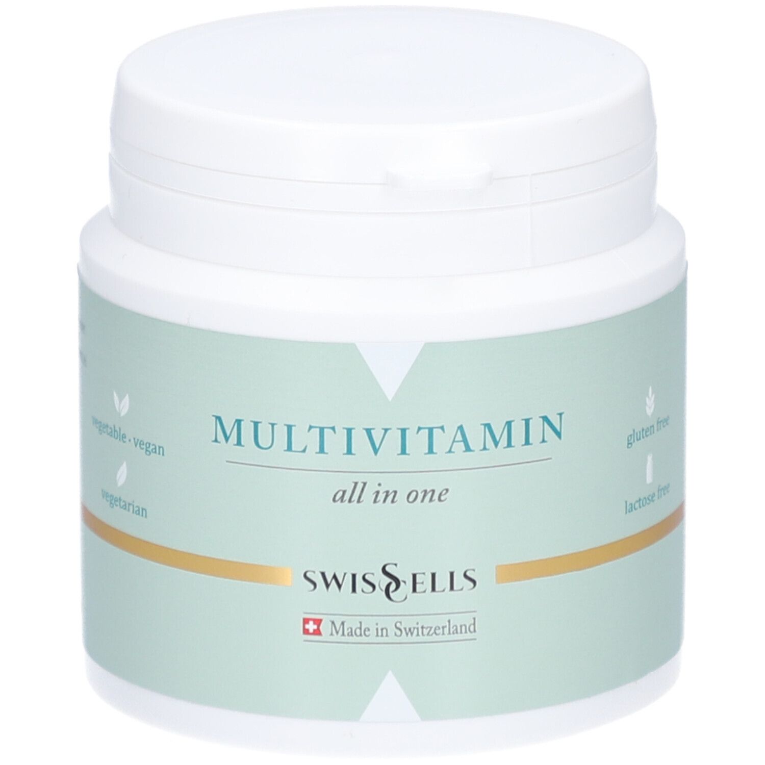 Weiße Dose mit grünem Etikett. Aufschrift: MULTIVITAMIN all in one. Marke: Swisscells. Hergestellt in der Schweiz.