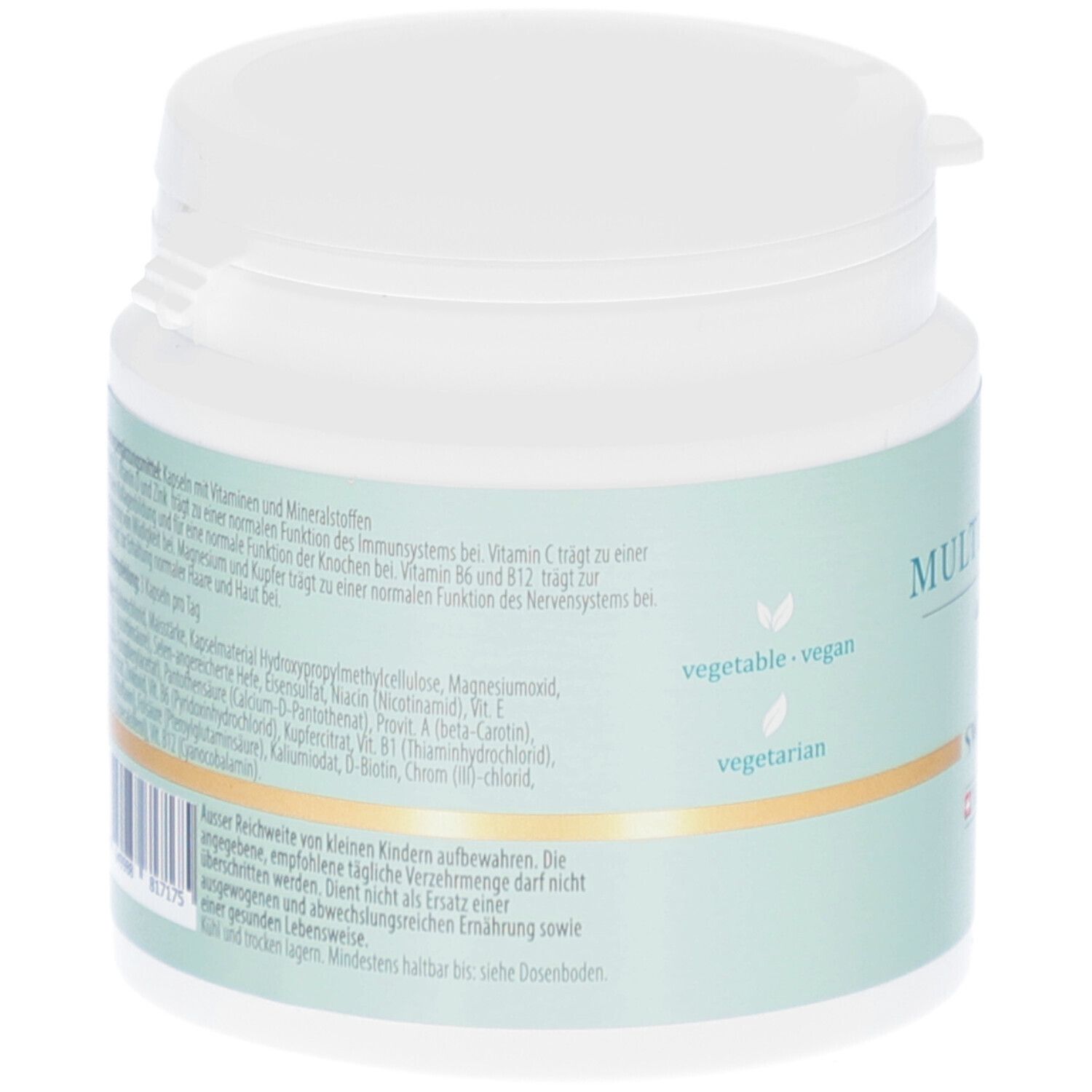 Rückseite der Dose. Text und Inhaltsstoffe. Aufschrift: MULTIVITAMIN all in one. Marke: Swisscells.