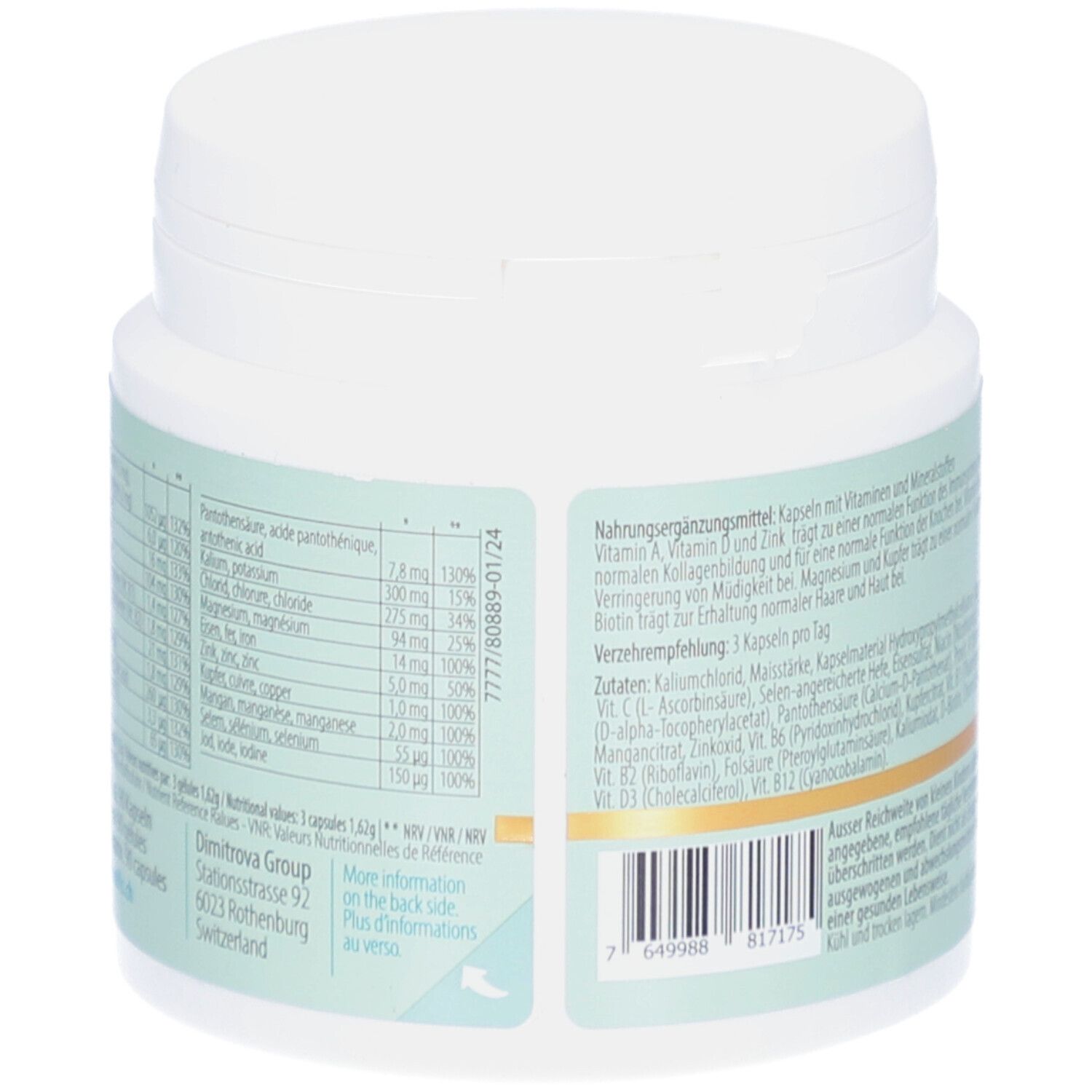 Rückseite der Dose. Text und Inhaltsstoffe. Aufschrift: MULTIVITAMIN all in one. Marke: Swisscells.