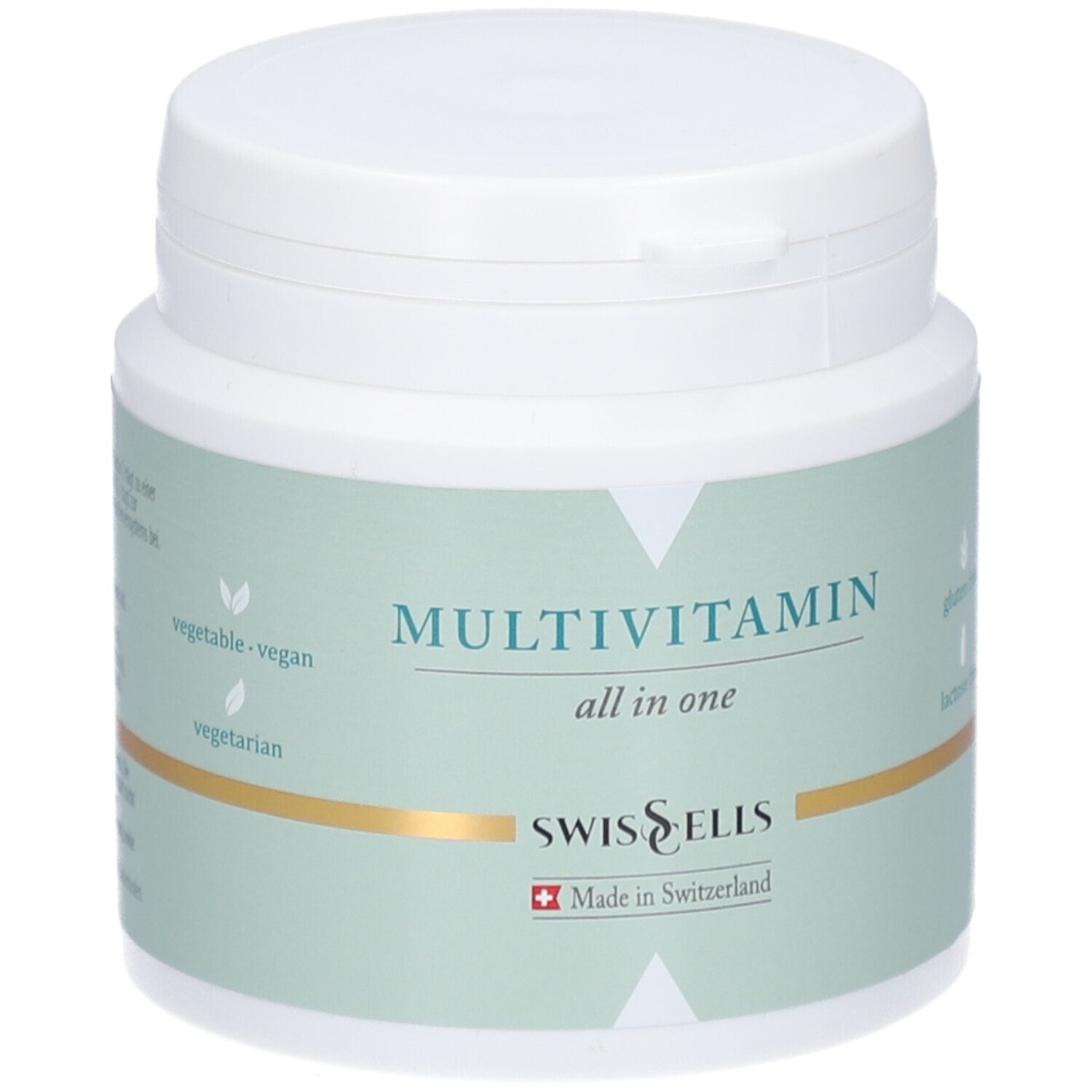 Weiße Dose mit grünem Etikett. Aufschrift: MULTIVITAMIN all in one. Marke: Swisscells. Hergestellt in der Schweiz.