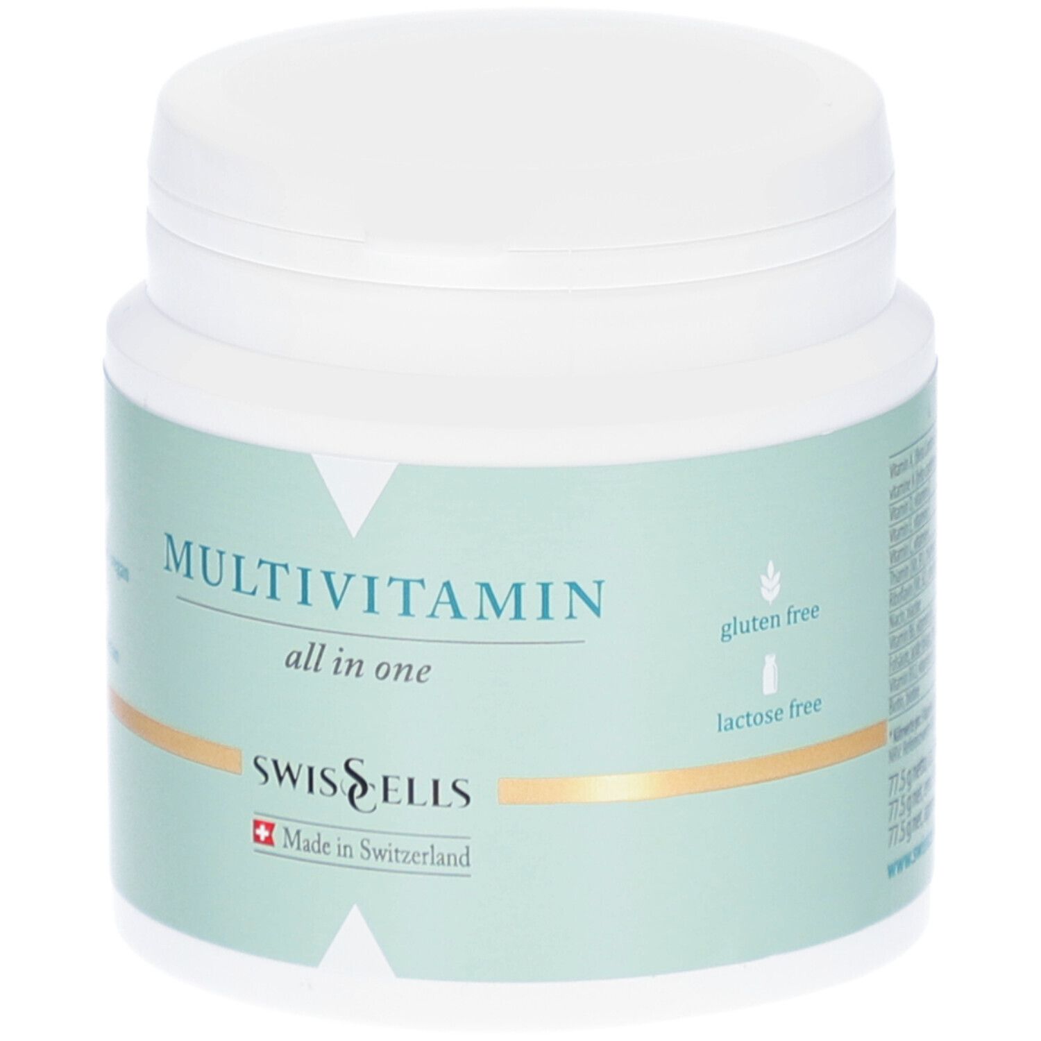 Weiße Dose mit grünem Etikett. Aufschrift: MULTIVITAMIN all in one. Marke: Swisscells. Glutenfrei und laktosefrei.