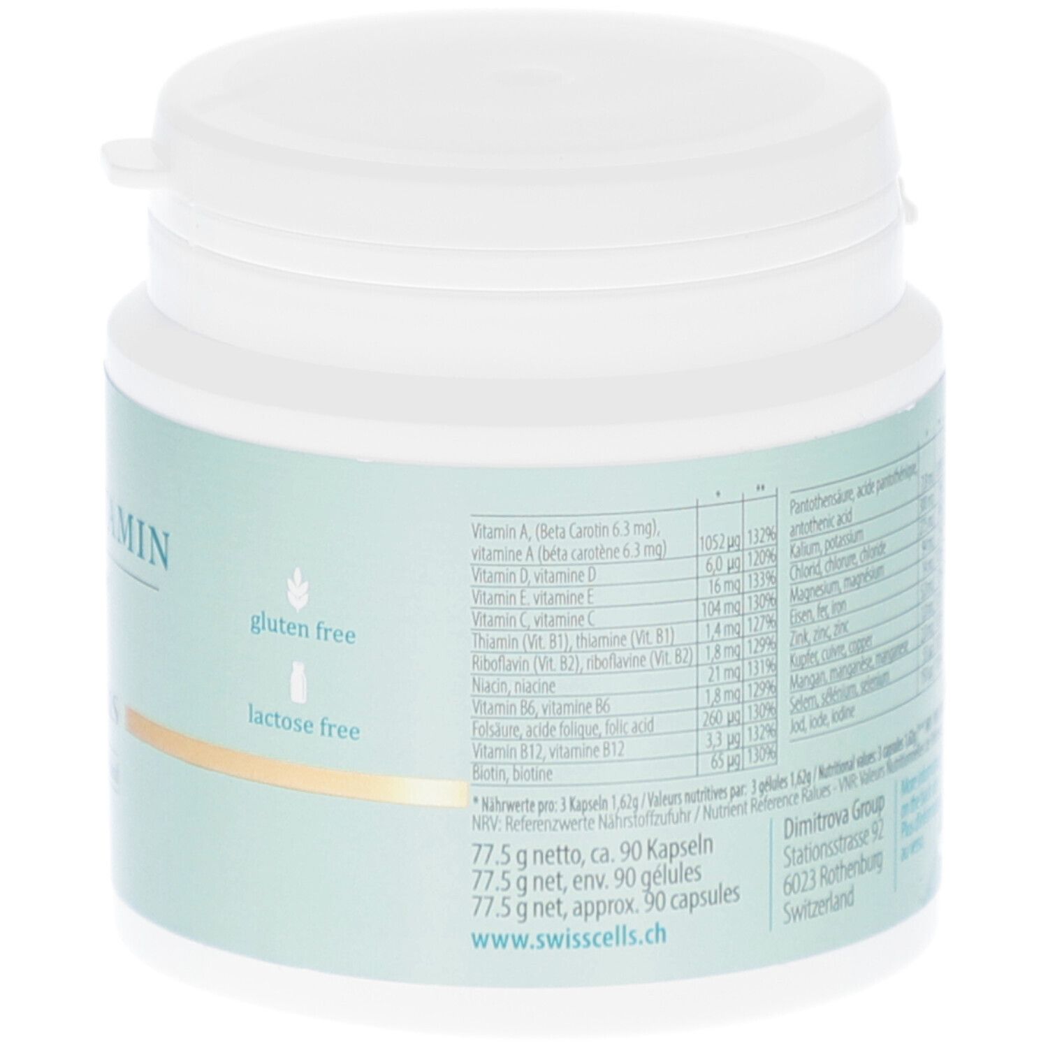 Rückseite der Dose. Text und Inhaltsstoffe. Aufschrift: MULTIVITAMIN all in one. Marke: Swisscells. Glutenfrei und laktosefrei.