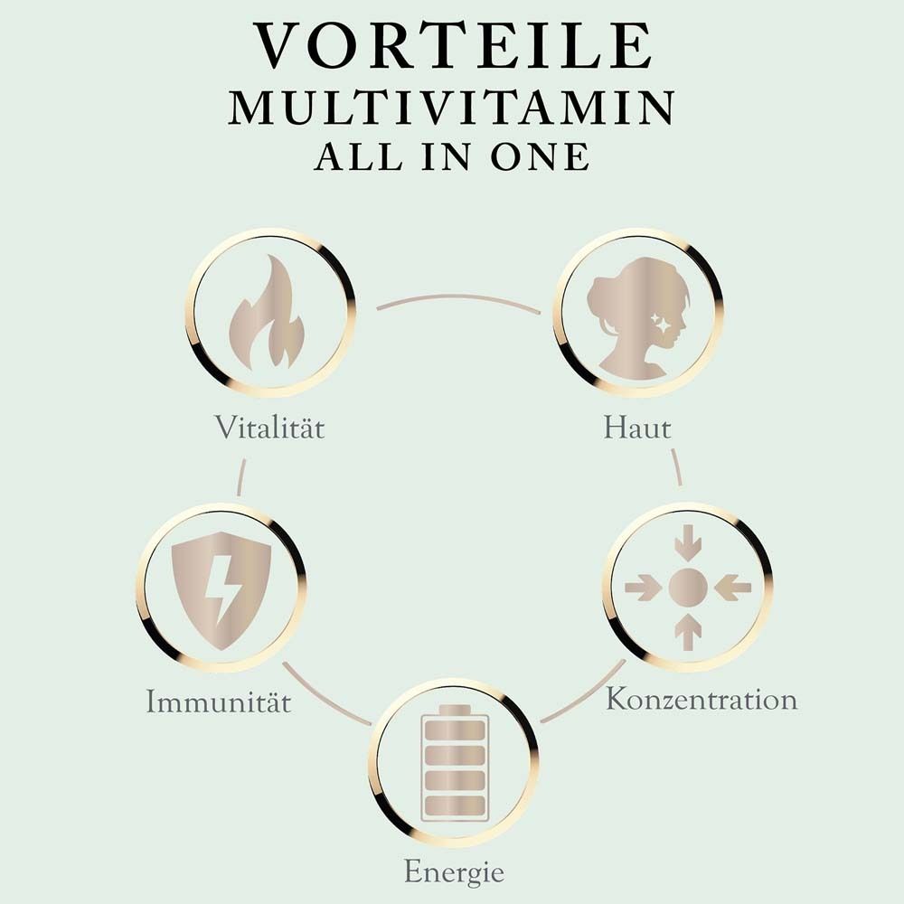 Grafik mit Icons. Vorteile von MULTIVITAMIN all in one: Vitalität, Haut, Immunität, Konzentration, Energie.