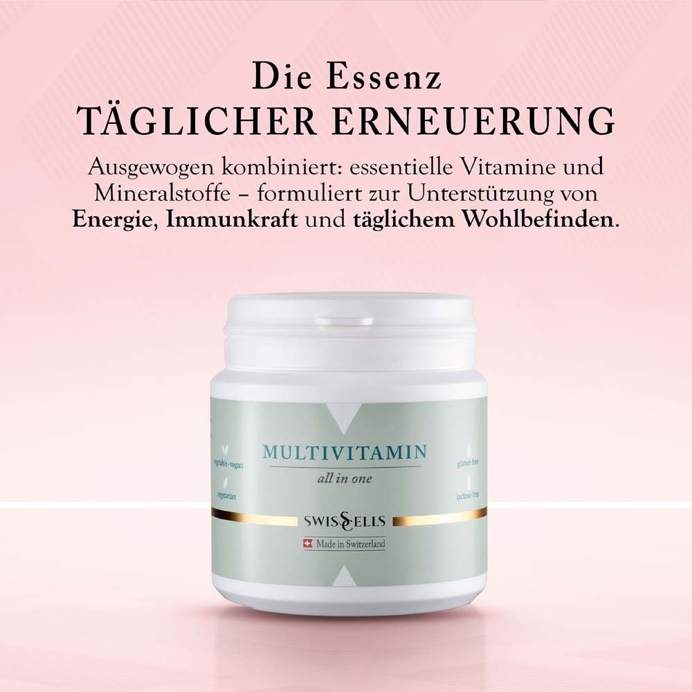 Dose mit grünem Etikett. Aufschrift: MULTIVITAMIN all in one. Marke: Swisscells. Text über tägliche Erneuerung.