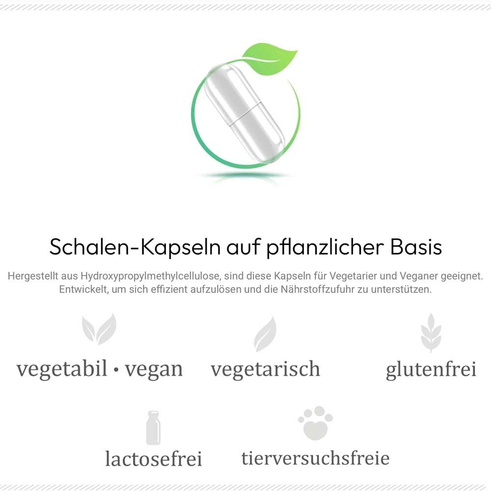 Kapseln auf pflanzlicher Basis. Symbole: vegetabil, vegan, vegetarisch, glutenfrei, laktosefrei, tierversuchsfrei.
