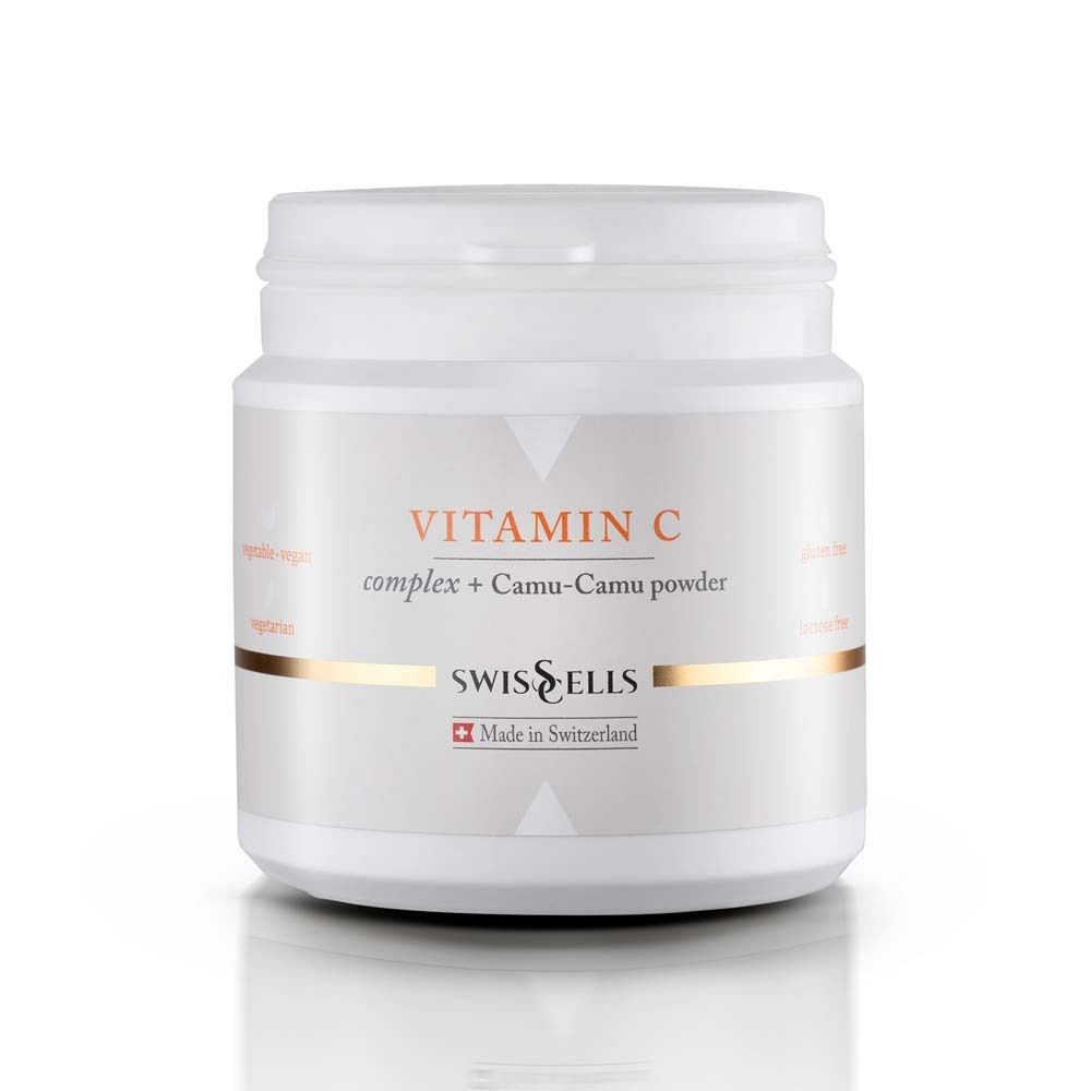 Weißes Produktglas mit Deckel. Aufschrift: Vitamin C complex + Camu-Camu powder. Marke: Swisscells. Hergestellt in der Schweiz.