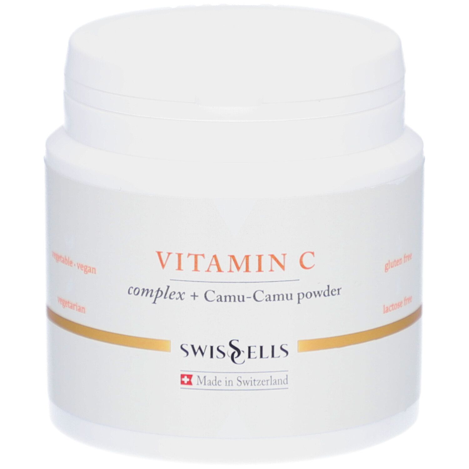 Weißes Produktglas mit Deckel. Aufschrift: Vitamin C complex + Camu-Camu powder. Marke: Swisscells. Hergestellt in der Schweiz.