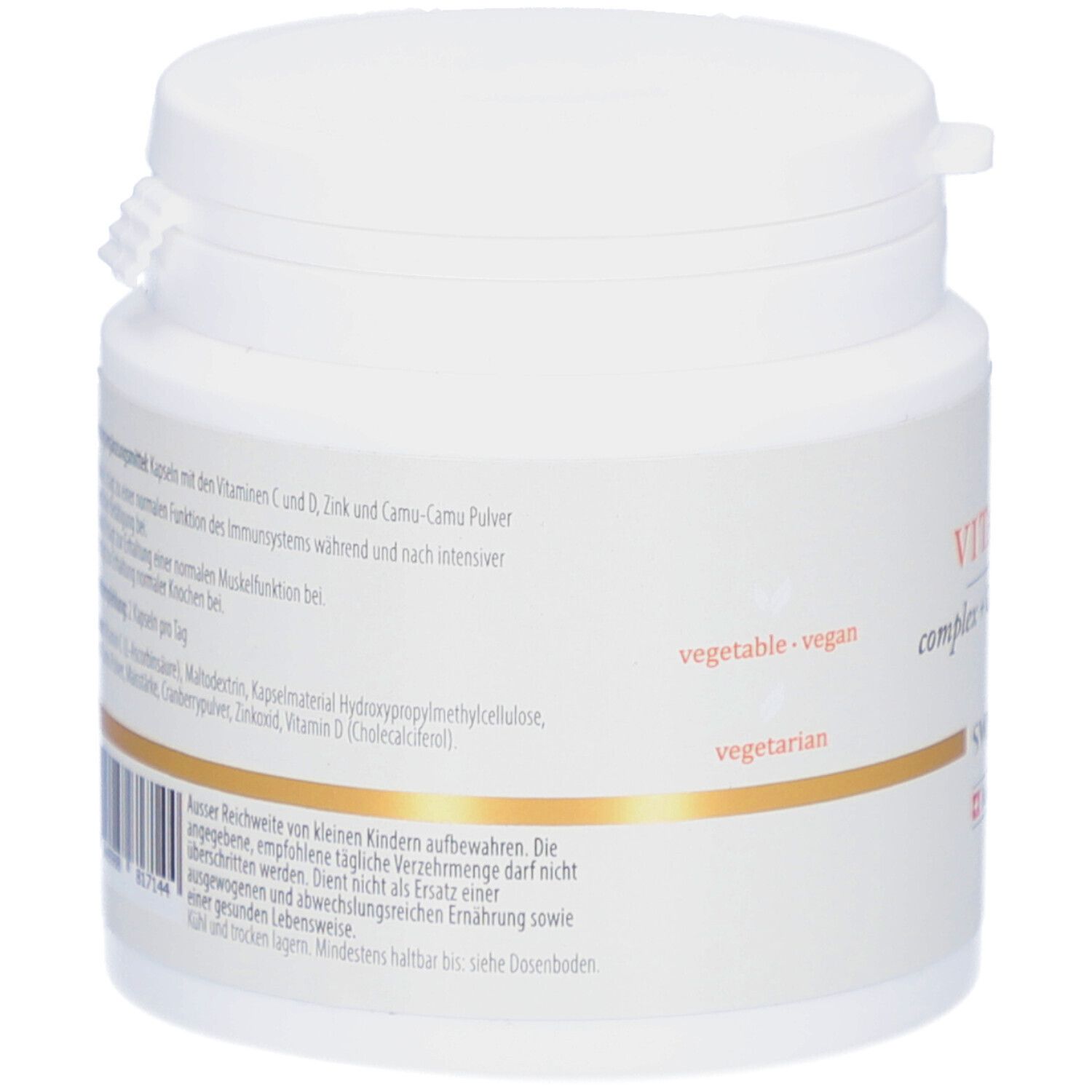 Rückseite des Produktglases. Text: vegetable - vegan, vegetarian. Inhaltsstoffe und Nährwertangaben.