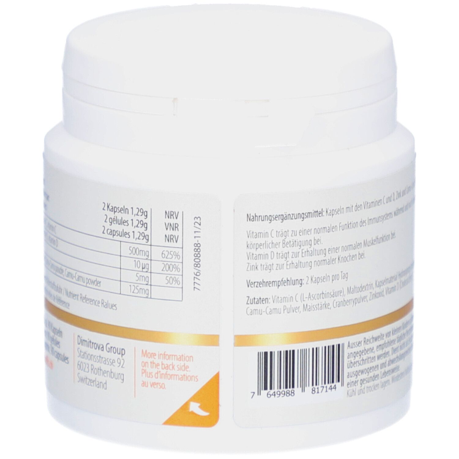 Rückseite des Produktglases. Text: Nährwertangaben, Zutaten, Verzehrempfehlung. Adresse: Dimitrova Group, Schweiz.